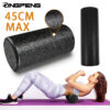 EPP-Yoga-Foam-Roller. pic of the black foam roller on tope and the bottom is a fit girl in yoga clothes lying down with her back on the foam roller