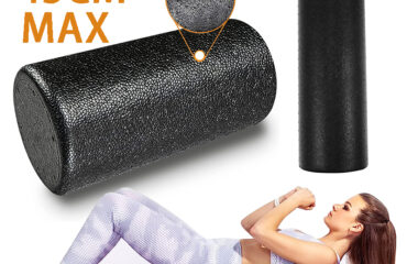 EPP-Yoga-Foam-Roller. pic of the black foam roller on tope and the bottom is a fit girl in yoga clothes lying down with her back on the foam roller