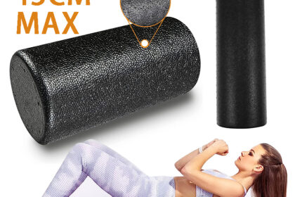 EPP-Yoga-Foam-Roller. pic of the black foam roller on tope and the bottom is a fit girl in yoga clothes lying down with her back on the foam roller