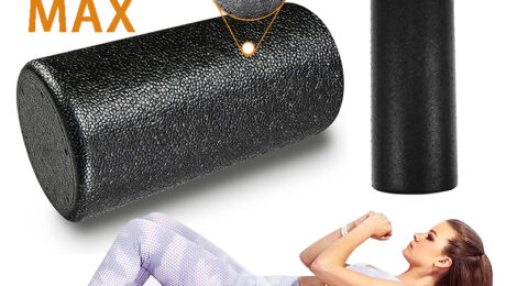 EPP-Yoga-Foam-Roller. pic of the black foam roller on tope and the bottom is a fit girl in yoga clothes lying down with her back on the foam roller