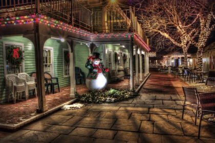 Mental Health durinng Holidays. Cozy Christmas Village with a snowman on the porch while it is dark.